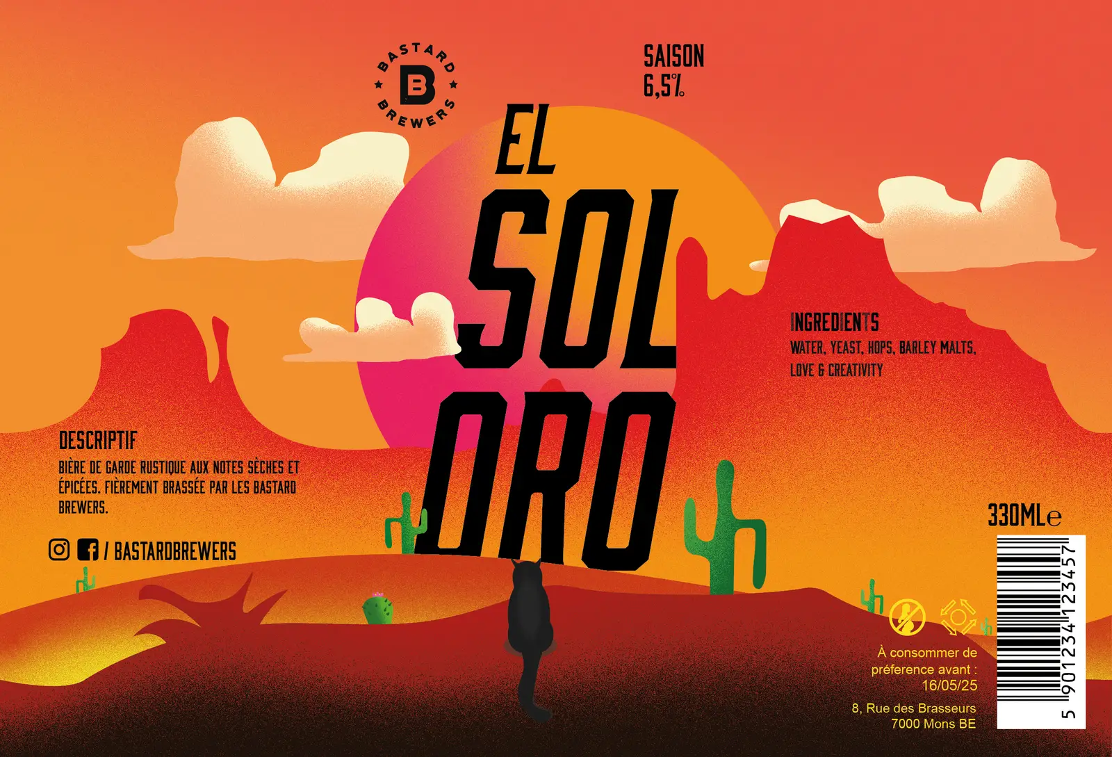 Affiche publicitaire principale El Sol Oro avec des illustrations vectorielles de montagnes et de cactus